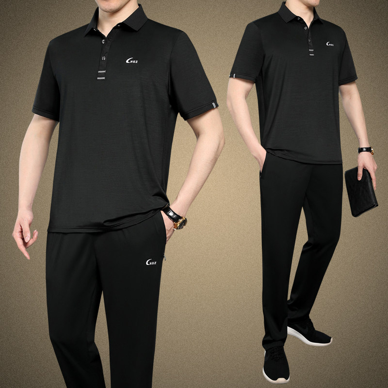 爸爸装夏装中老年人休闲运动服套装男士夏季短袖t恤冰丝速干衣服T