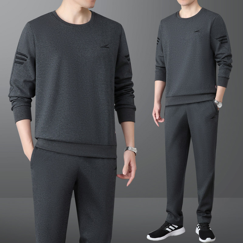 中老年运动服套装男士春秋冬季休闲圆领卫衣爸爸装两件套加绒加厚