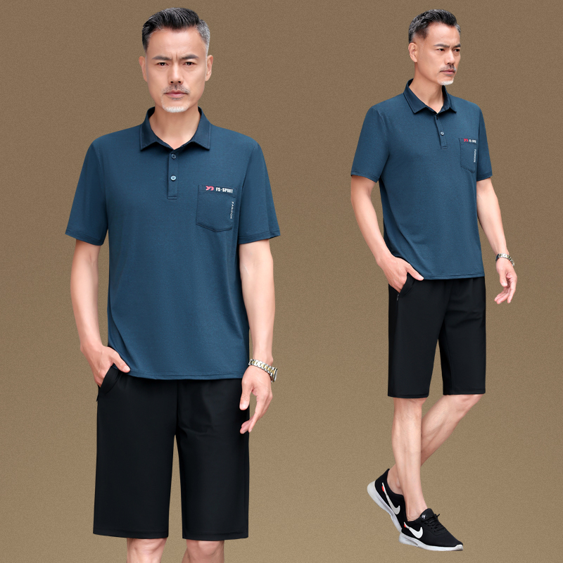 爸爸装夏装套装短袖t恤中老年人男士冰丝polo衫男父亲节衣服夏季