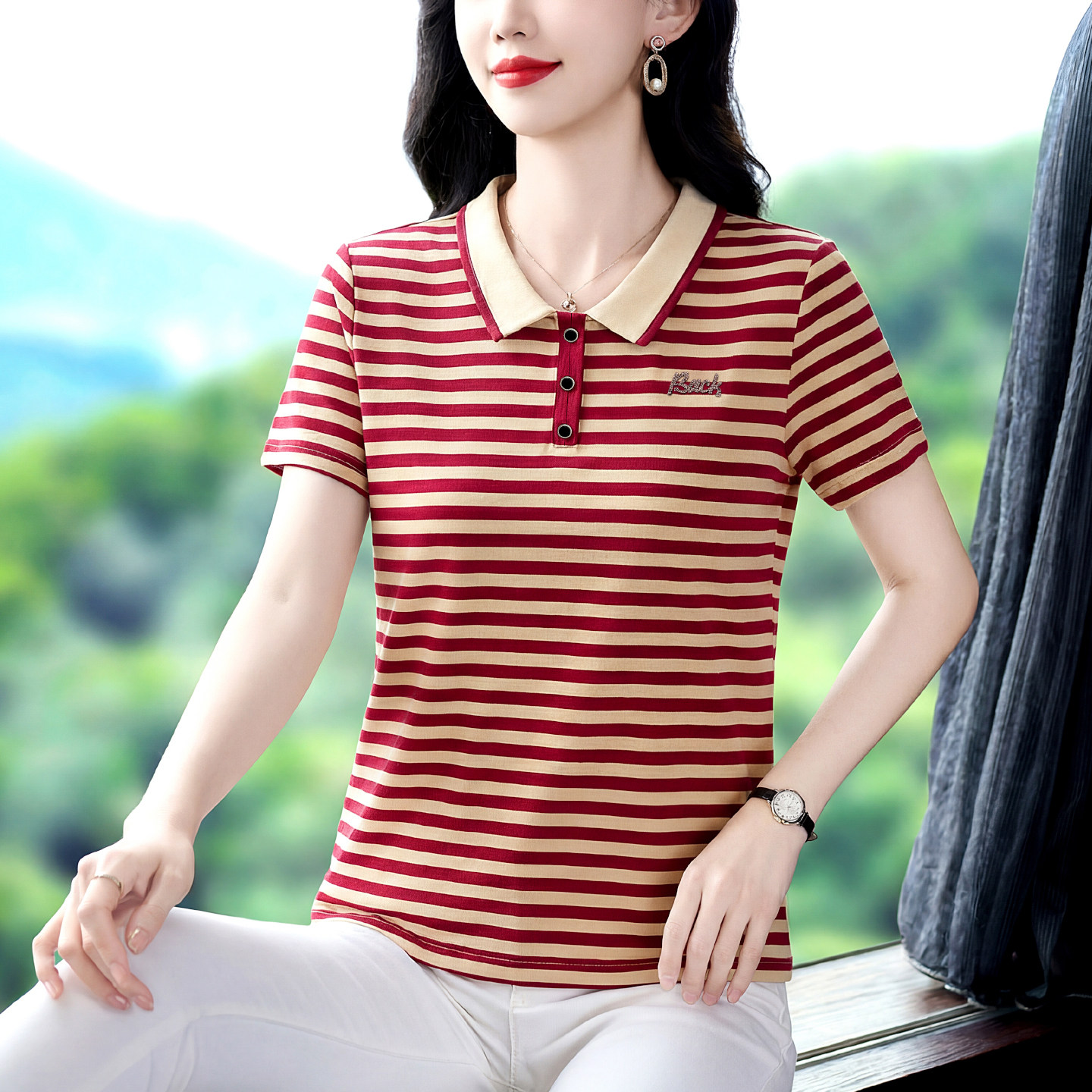 条纹短袖t恤女新款2026夏装洋气遮肚百搭小衫中老年妈妈宽松上衣