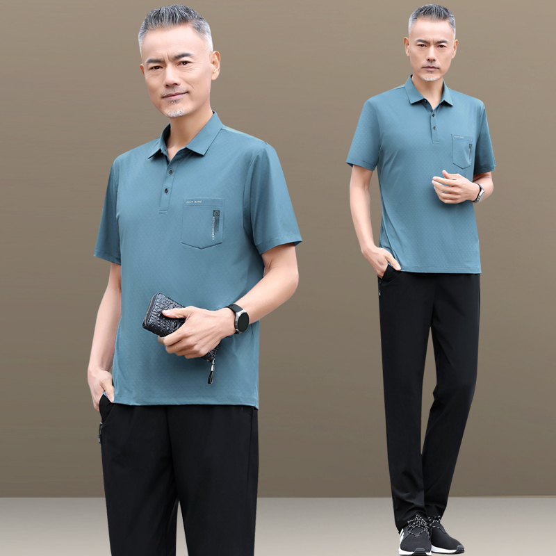 高端爸爸套装夏季薄款短袖弹力中年男装冰丝衣服休闲运动两件套男