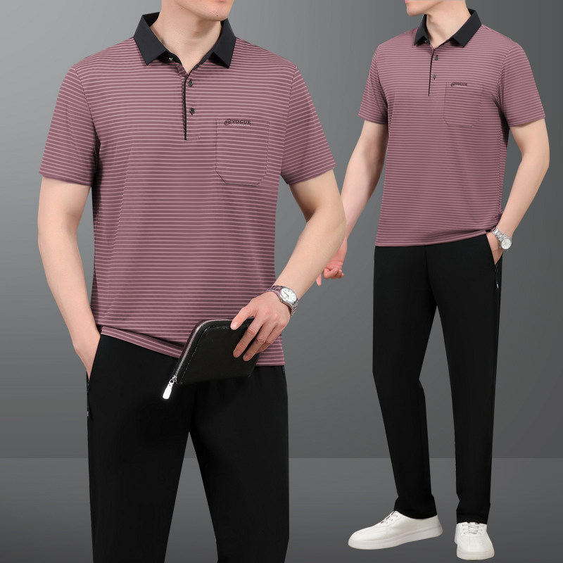 中老年人休闲运动套装男夏季冰丝短袖长裤爸爸夏装两件套爷爷衣服