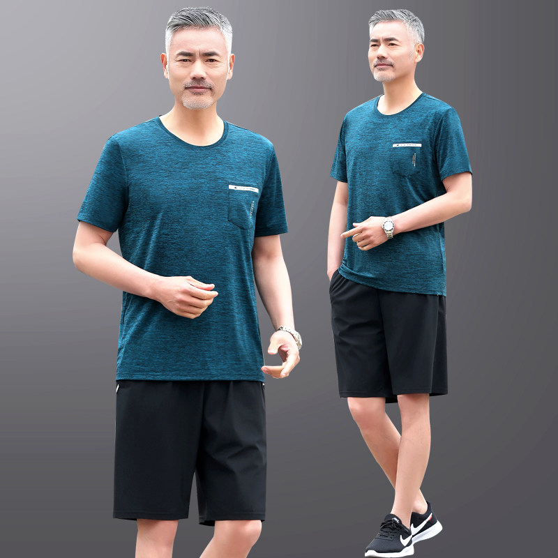 爸爸夏装套装冰丝短袖t恤中老年人运动套装男夏天父亲速干休闲服