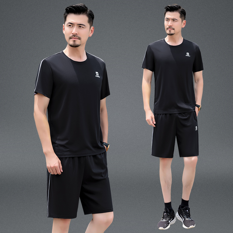 中年男士夏季短袖短裤套装冰丝速干圆领t恤衫爸爸夏装父亲节衣服