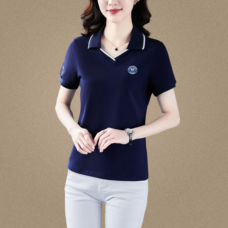 2025夏新款女士百搭短袖t恤中老年妈妈装上衣polo衫翻领洋气休闲