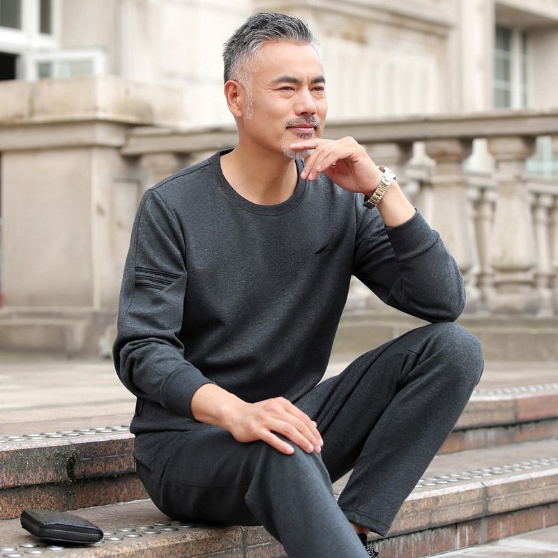 中年爸爸运动服套装男春秋季中老年人套头圆领父亲休闲卫衣两件套