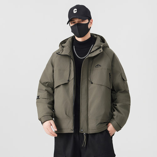 品牌卡其绿连帽羽绒服男生冬季美式潮牌加厚保暖情侣工装休闲外套