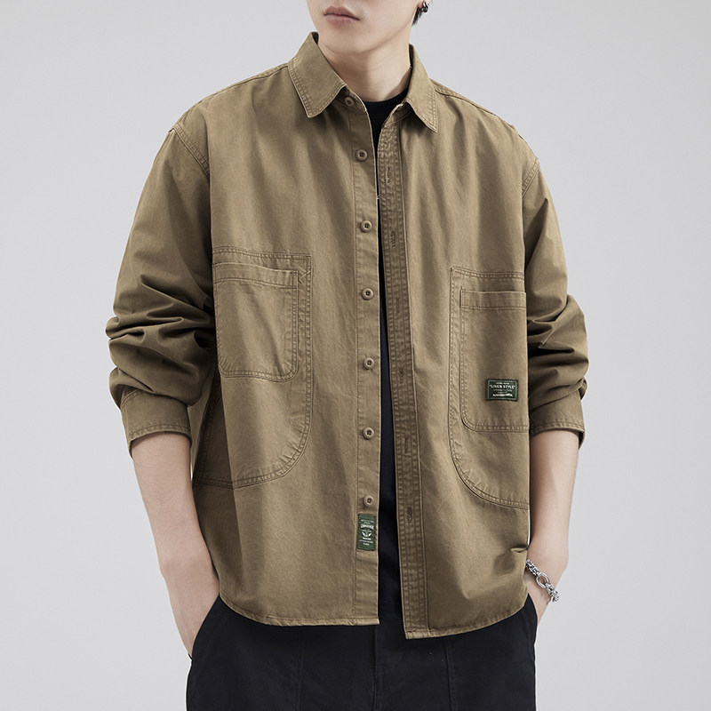 美式重磅卡其色工装衬衫男士春秋季新款休闲夹克外套男装上衣潮牌