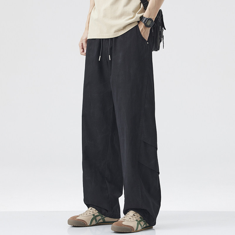 春夏季薄款休闲裤美式痞帅脏洗工装裤男直筒宽松垂感阔腿弯刀裤子