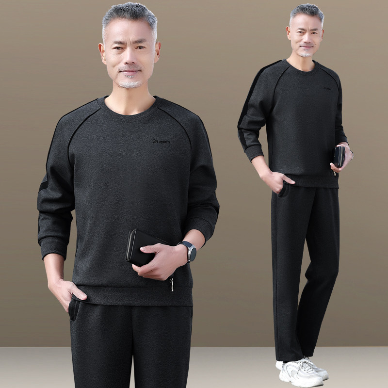爸爸装秋装套头休闲上衣男中年男装运动服中老年运动套装男春秋季