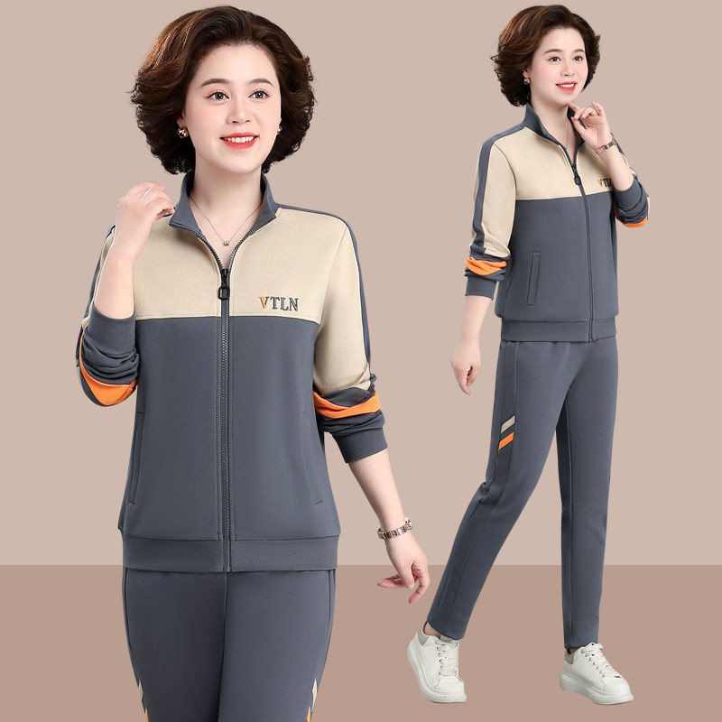 中年妈妈运动服套装女春秋外套新款中老年女洋气春秋装休闲两件套