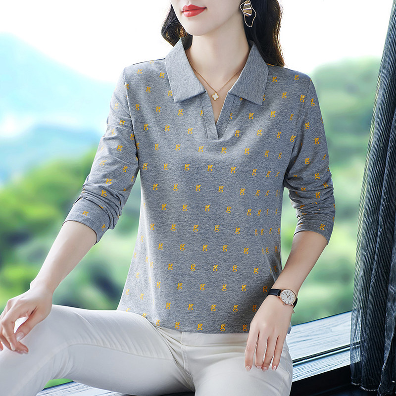 妈妈纯棉长袖t恤女春秋装新款翻领洋气中年女士大码显瘦运动上衣