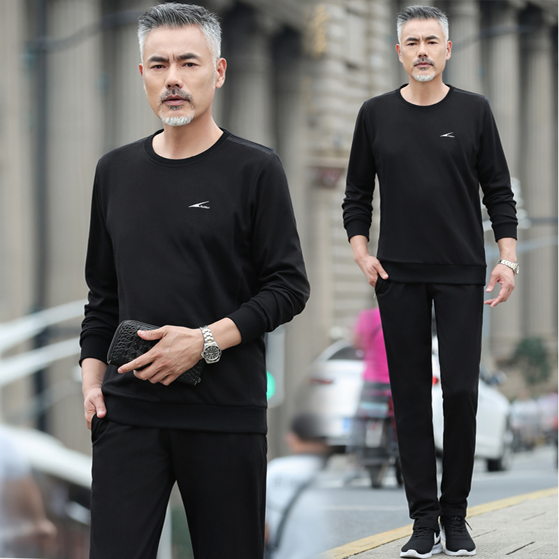 中年运动服套装男秋冬季休闲爸爸装圆领卫衣套装中老年运动服春秋
