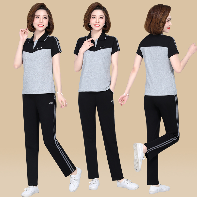 夏季中年女式运动套装时尚翻领短袖上衣长裤休闲跑步两件套妈妈装
