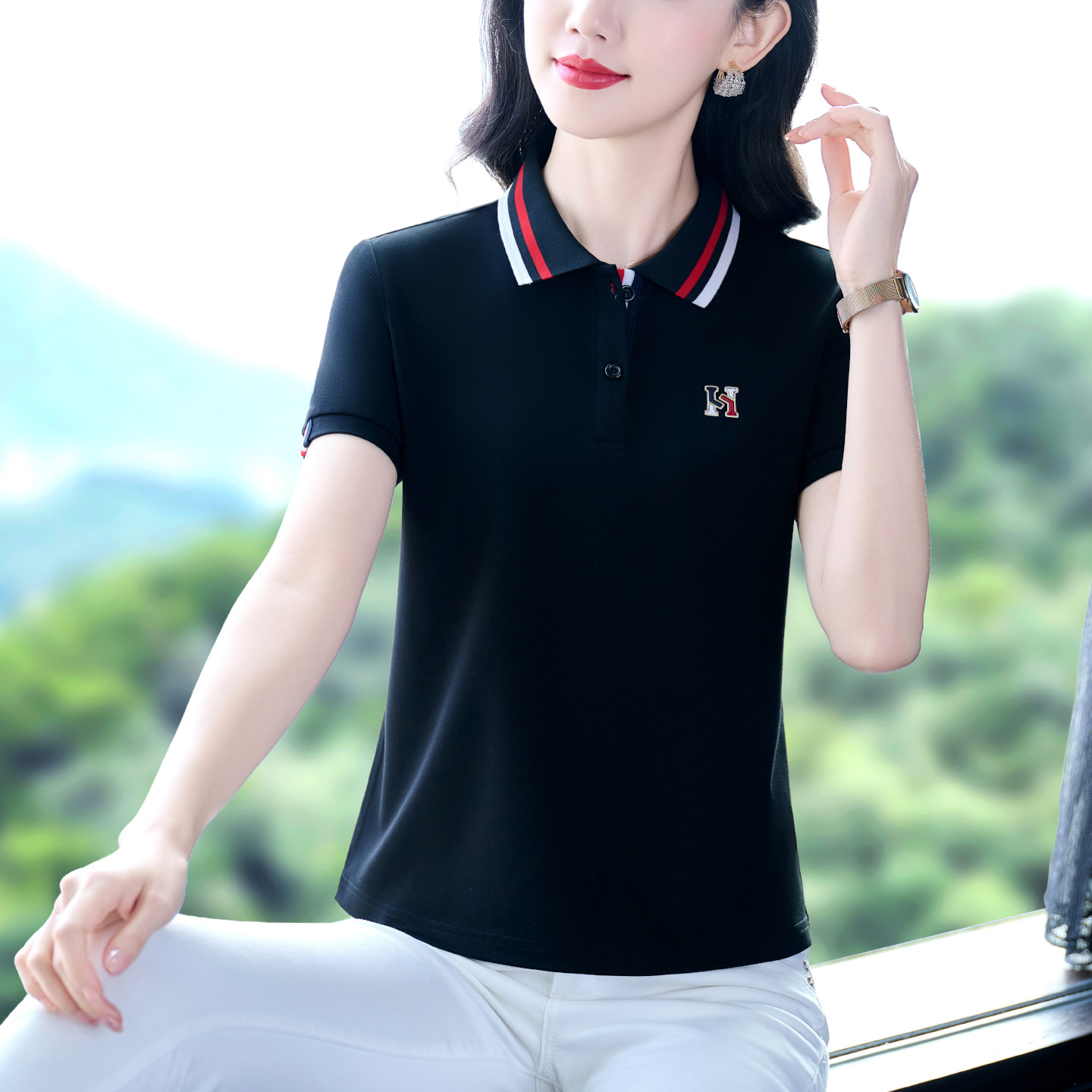 品牌洋气女士夏季百搭T恤中年人翻领短袖妈妈夏装polo衫订做印字