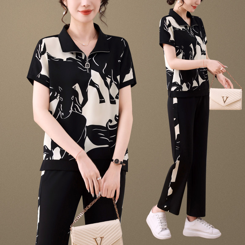 母亲节衣服夏季中年女式时尚印花运动休闲套装薄款短袖T恤妈妈装