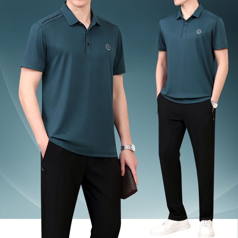 中年男士冰丝休闲运动套装爸爸夏装短袖t恤中老年人爷爷夏季衣服