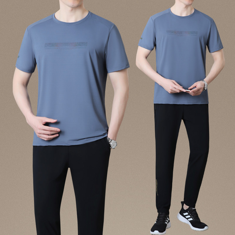 中老年男士夏季速干短袖t恤短裤运动服套装爸爸夏天休闲冰丝半袖