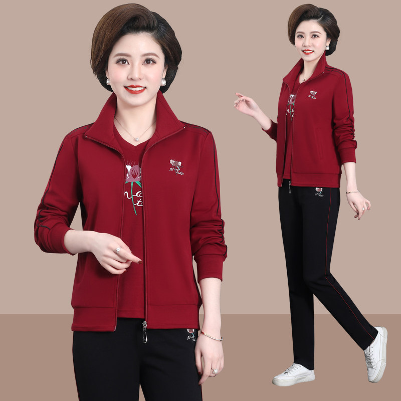 妈妈秋装外套洋气中老年休闲运动服套装女春秋中年大码上衣三件套