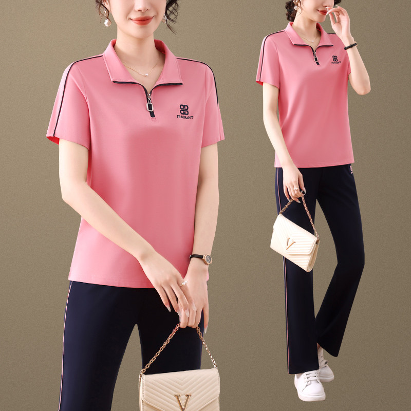 妈妈夏装中年时尚运动服套装女凉感短袖T恤九分裤跑步晨练两件套