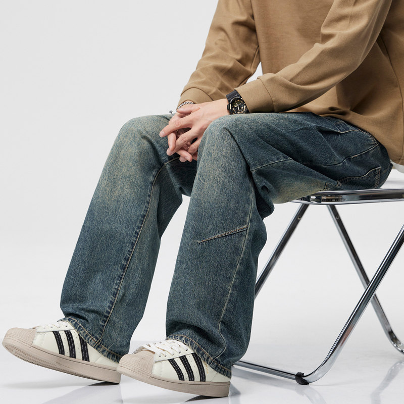 美式复古牛仔裤男2025宽松直筒春季潮牌高街松紧腰阔腿工装休闲裤