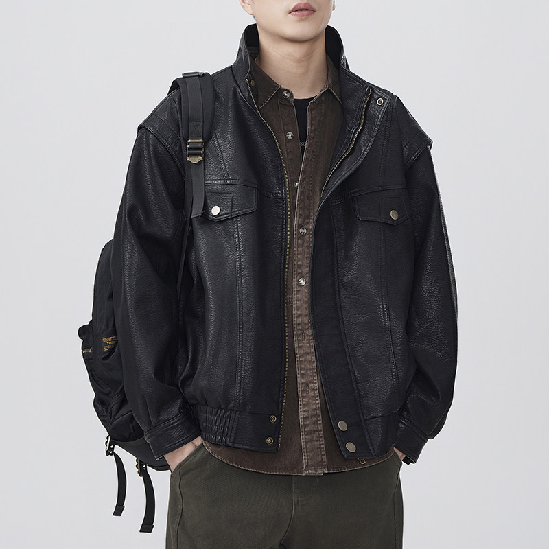 美式复古荔枝纹皮衣外套男春秋新款痞帅机车服短款工装立领夹克潮