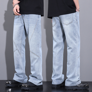 夏季薄款美式复古微喇牛仔裤男款潮牌宽松直筒cleanfit休闲裤子男