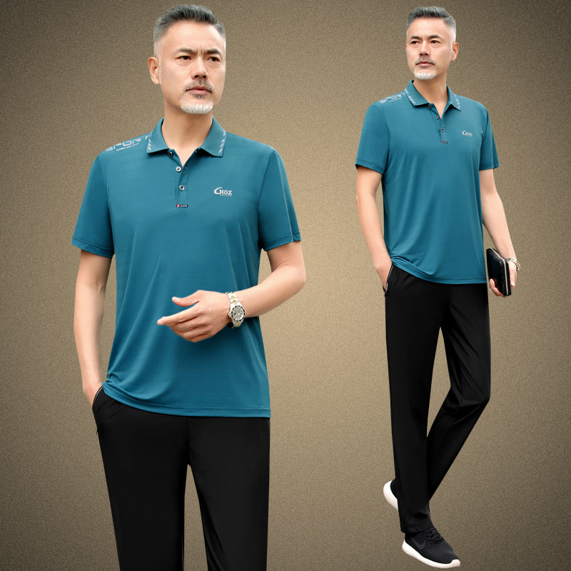 爸爸装夏装中老年人休闲运动服套装男士夏季短袖t恤冰丝速干衣服T