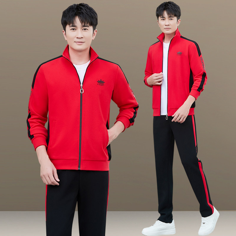休闲运动套装男士春秋2025年新款跑步红色卫衣本命年时尚装运动服