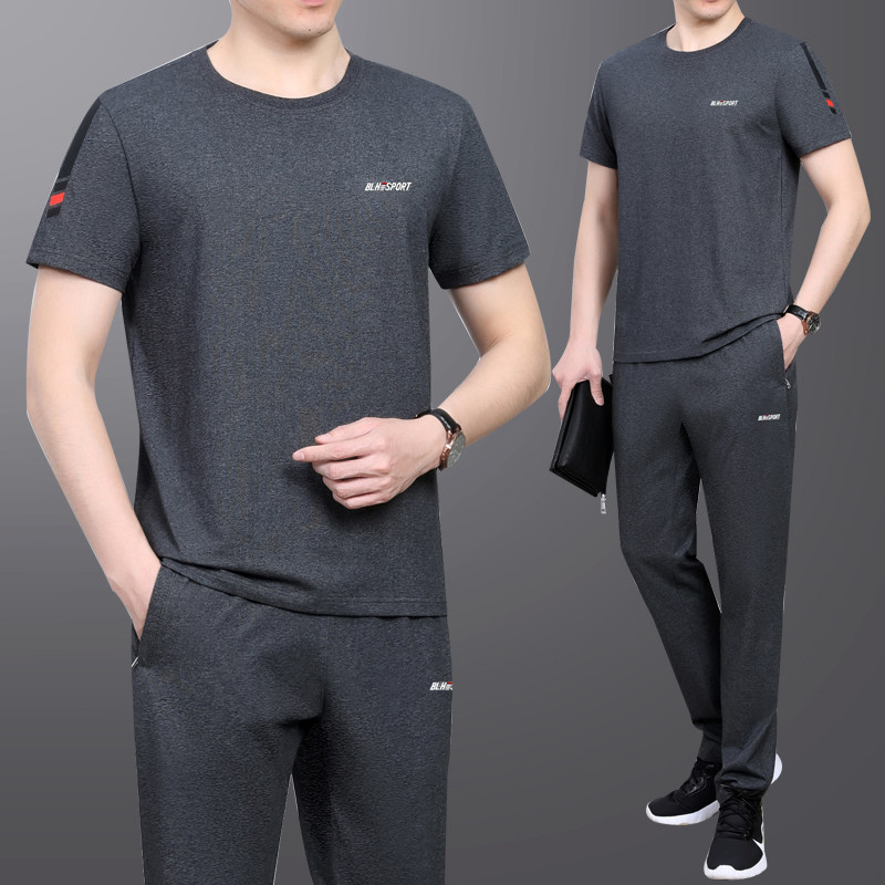 中老年运动套装男夏圆领短袖长裤爸爸夏装中年棉休闲服薄两件套