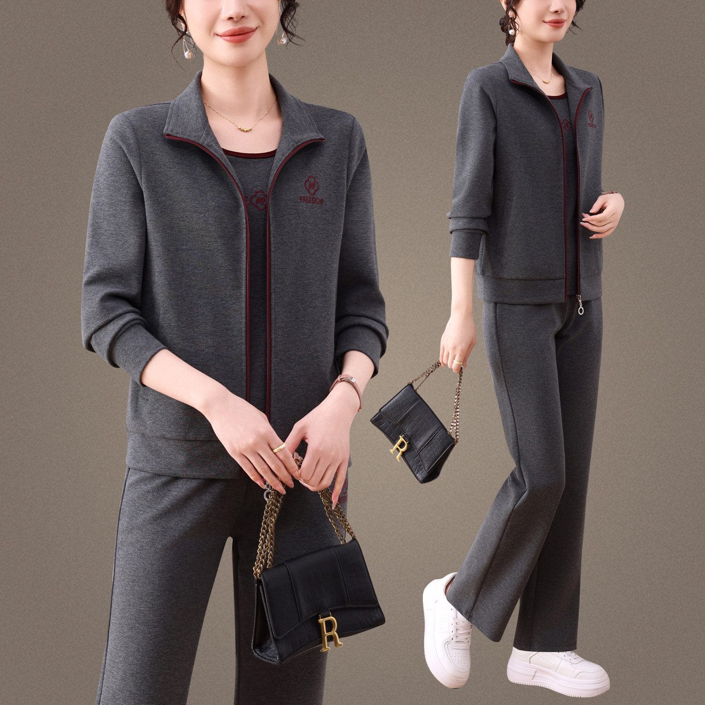 品牌中老年休闲运动套装时尚中年三件套运动服休闲洋气时尚妈妈装