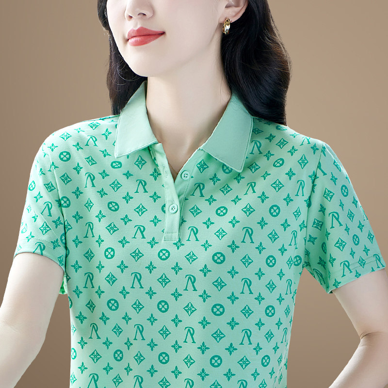 2025年新款短袖女t恤夏纯色妈妈polo衫宽松显瘦休闲女士上衣薄