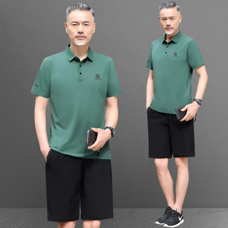 品牌爸爸套装夏季薄款短袖中年男装弹力冰丝衣服休闲运动两件套男