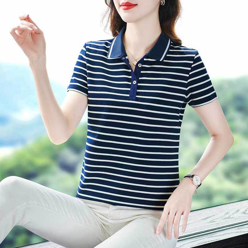 纯棉polo衫t恤女2026夏季新款条纹翻领短袖大码休闲有领女士上衣