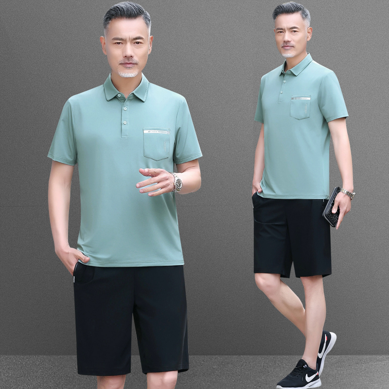 夏季薄款运动套装男冰丝短袖T恤男直筒长裤宽松中老年爸爸两件套