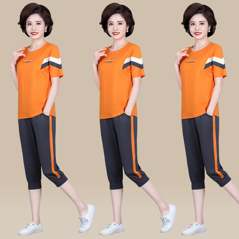 中年妈妈休闲套装夏季七分裤短袖纯棉薄T恤中老年运动服女两件套
