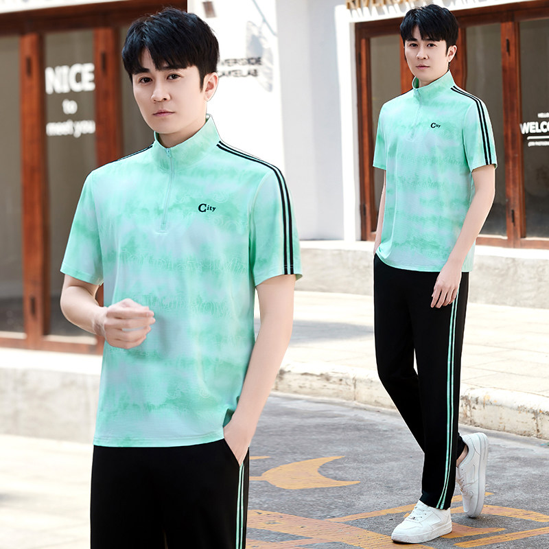 2025夏季新品男士翻领短袖长裤时尚条纹团体情侣款跑步运动服套装