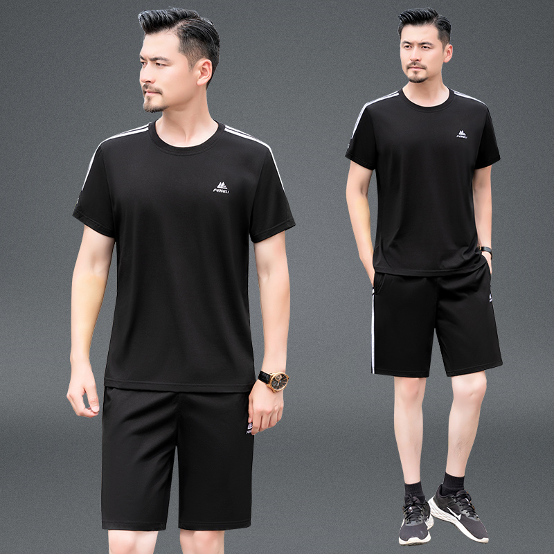 运动套装男夏季短袖短裤跑步休闲运动服薄款圆领中年爸爸夏装套装