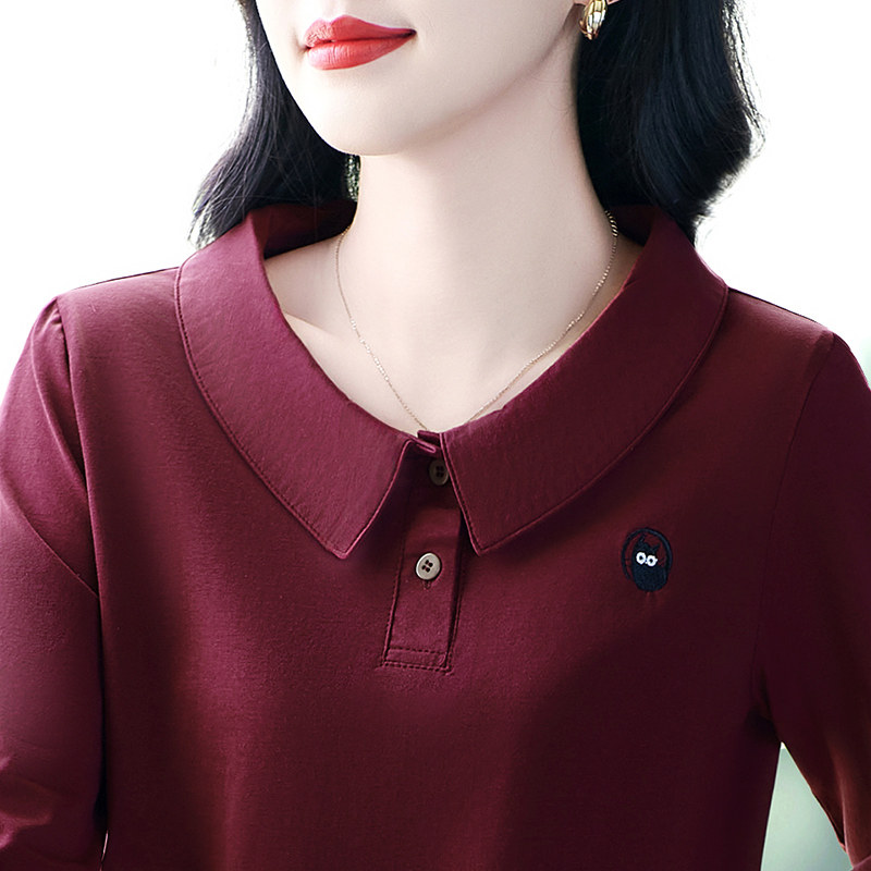 纯棉长袖女t恤春秋2025新款妈妈时尚休闲娃娃领小衫减龄显瘦上衣