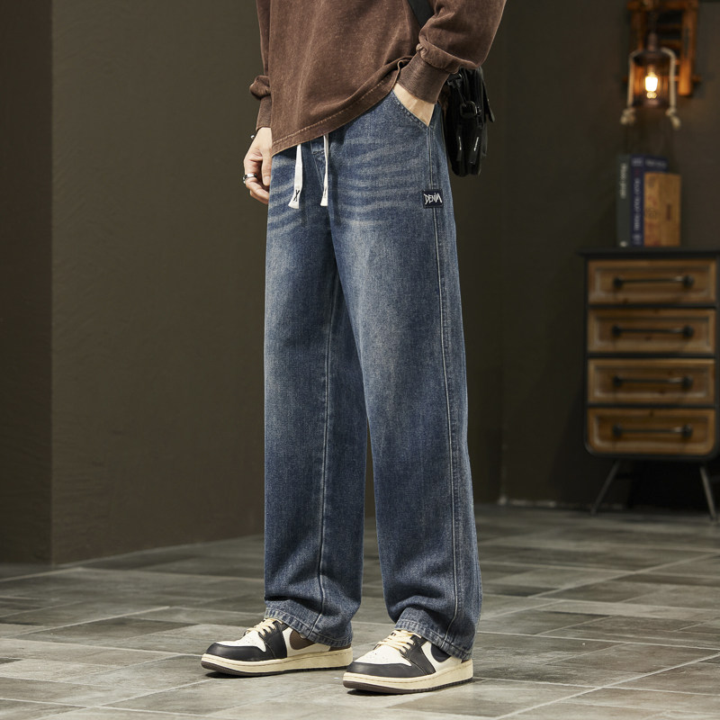 2025复古宽松牛仔裤男春夏季美式复古抽绳长裤男款松紧腰直筒裤子