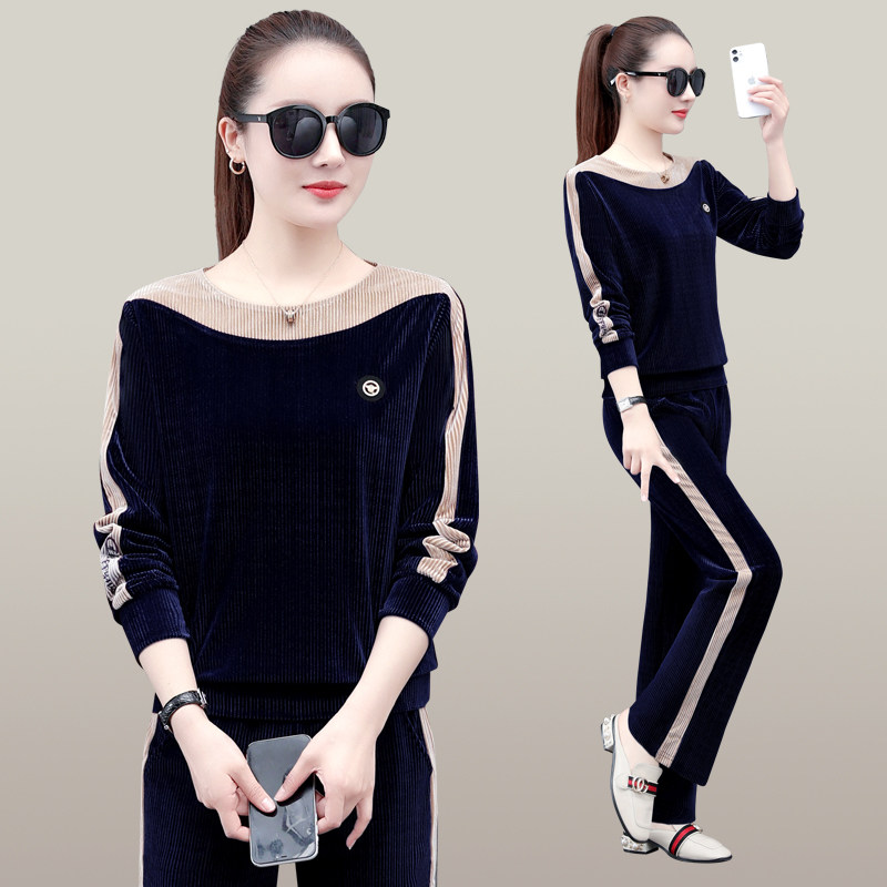 妈妈春秋运动套装洋气2025新款中老年女春装新款时尚金丝绒两件套