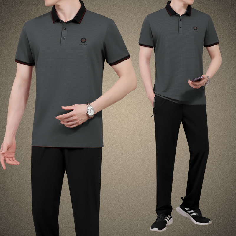 2025夏天季新款中老年男士爸爸父亲节冰丝短袖t恤休闲运动服套装
