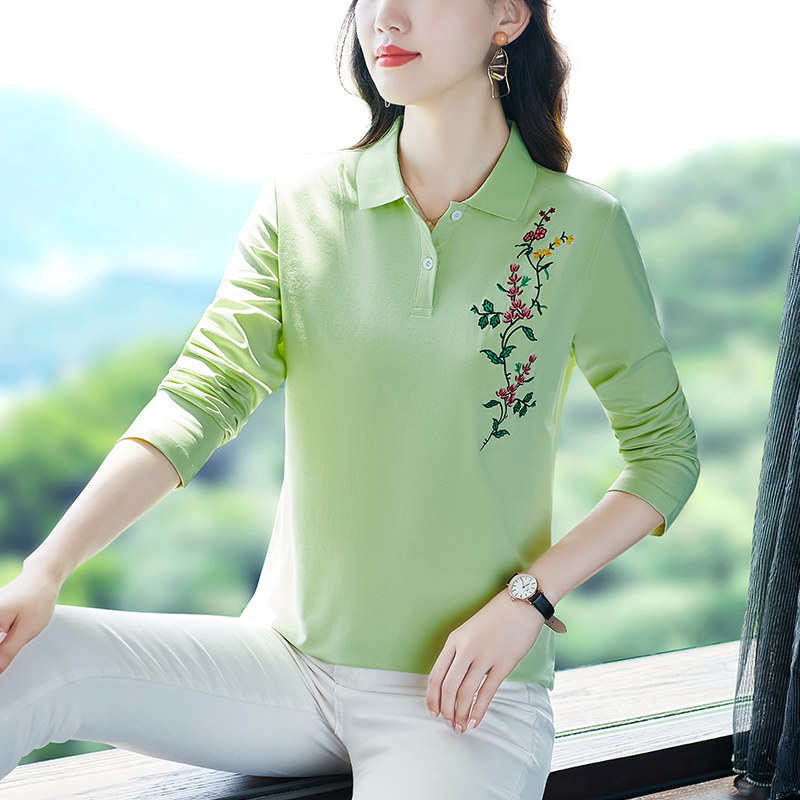 绣花长袖polo衫女春秋洋气妈妈纯棉t恤宽松百搭打底上衣翻领大码
