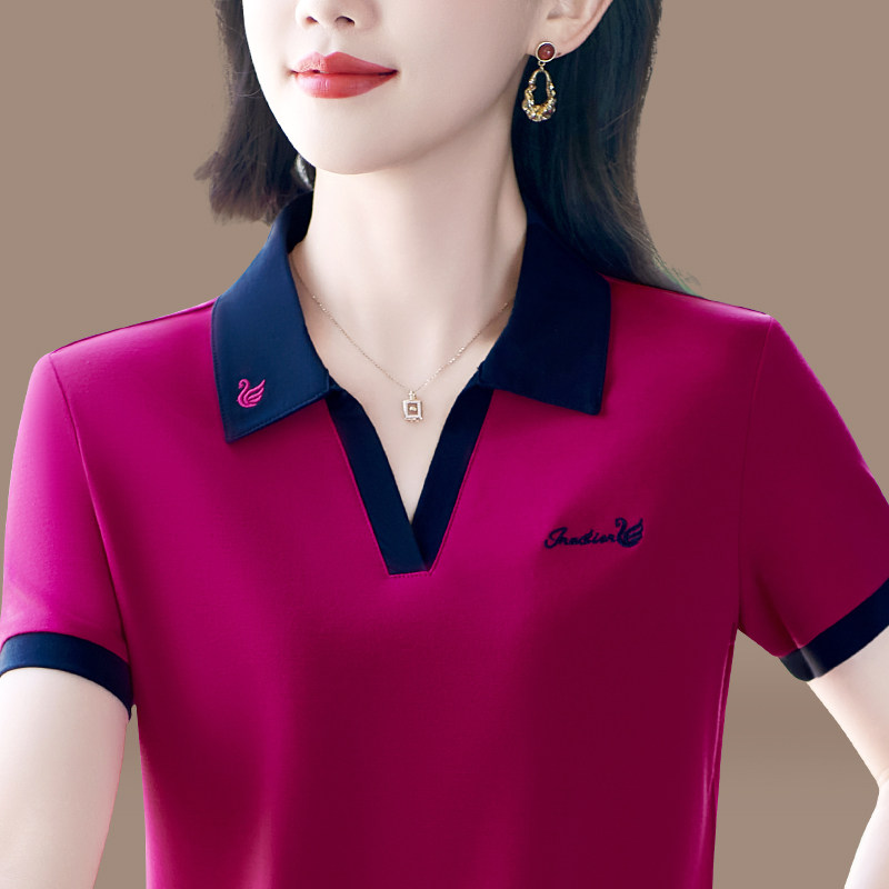 天丝罗马布新款t恤女士翻领夏季妈妈休闲短袖上衣宽松冰丝polo衫