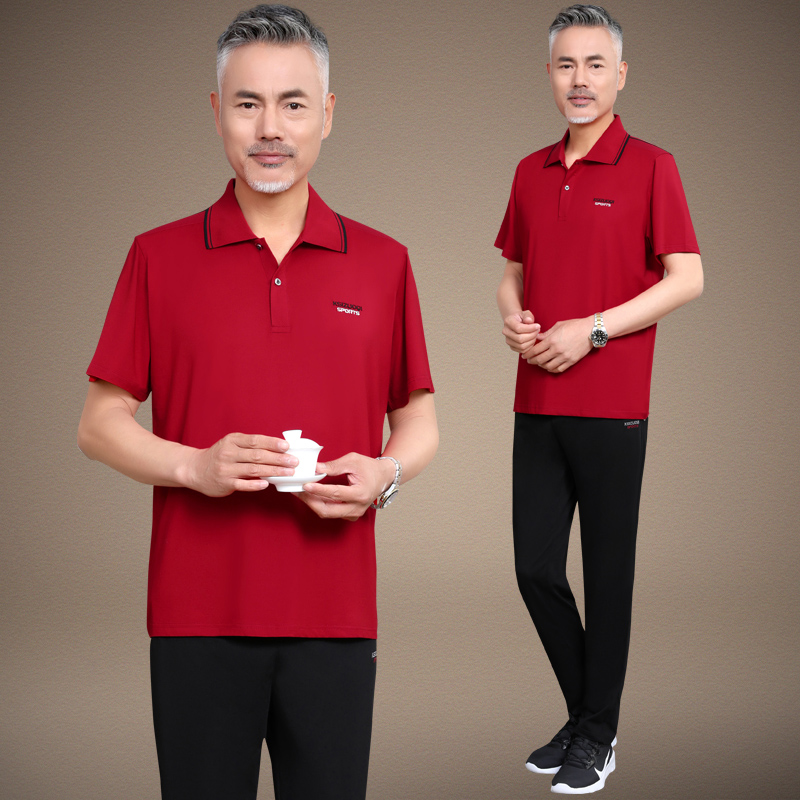 中老年夏季衣服中年男装两件套爸爸夏装套装时尚短袖t恤休闲运动