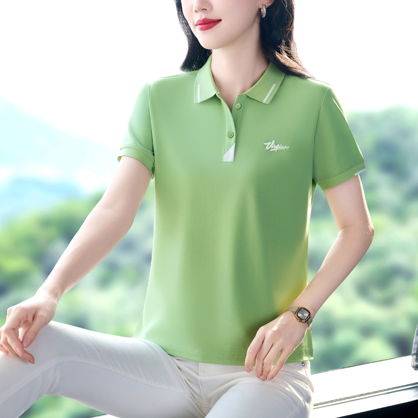 翻领短袖t恤女夏季气质妈妈冰丝休闲上衣凉感体恤中年速干polo衫