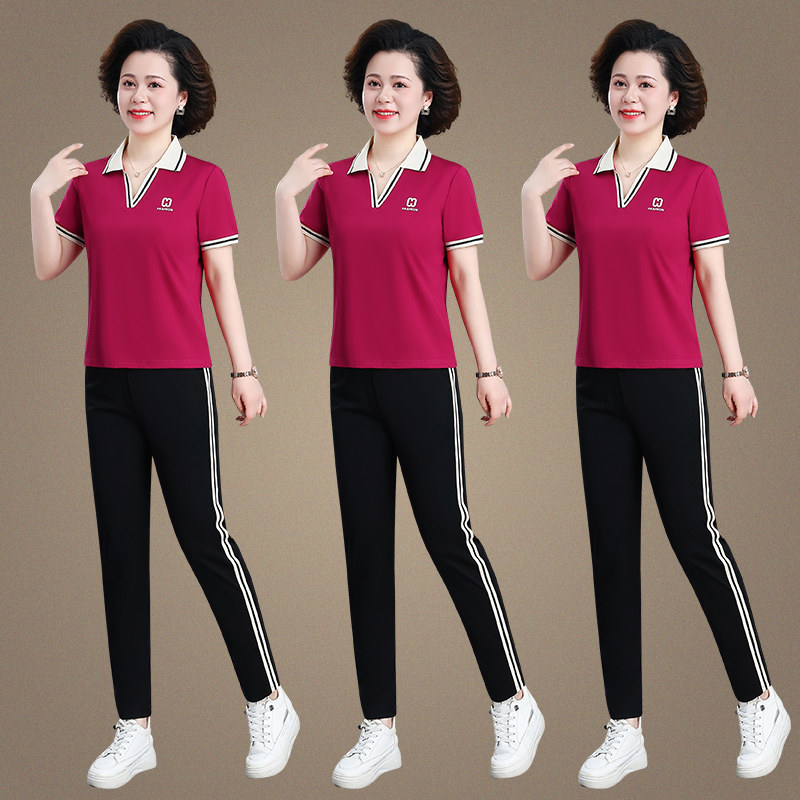 休闲短袖运动服套装女士2025夏季新款时尚中年妈妈两件套洋气减龄