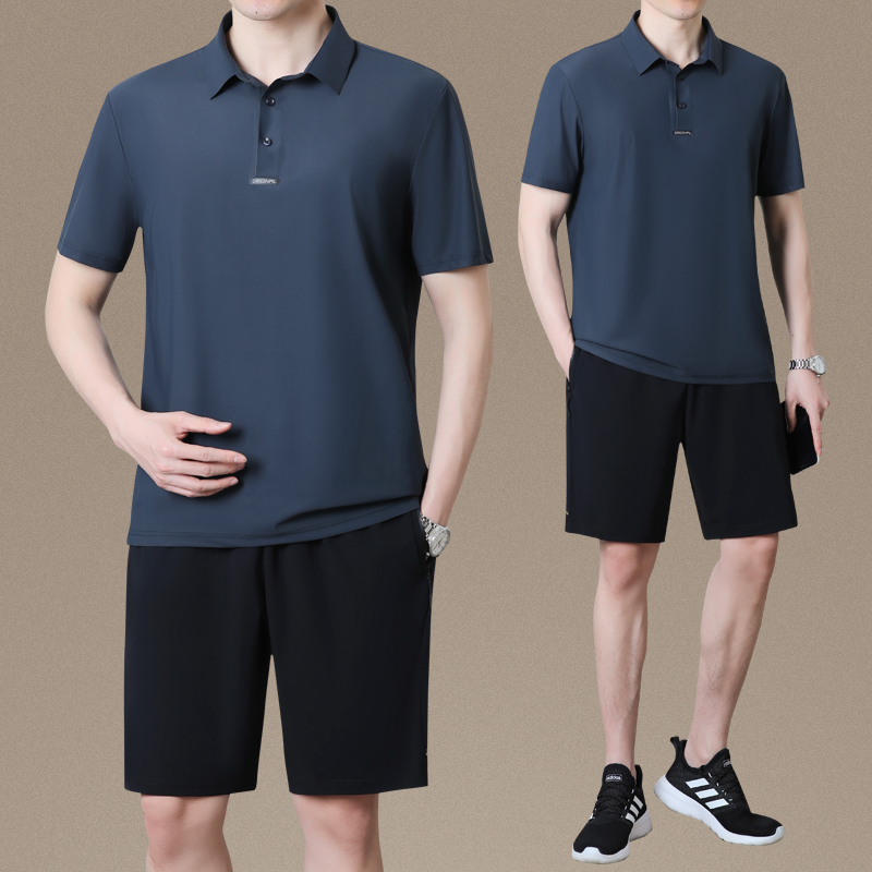 冰丝爸爸夏装中年男士休闲短袖短裤中老年人运动服套装男夏季速干