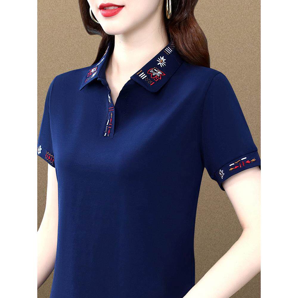 中年女士短袖t恤女夏装新款品牌时尚夏季大码高端polo衫薄款别致
