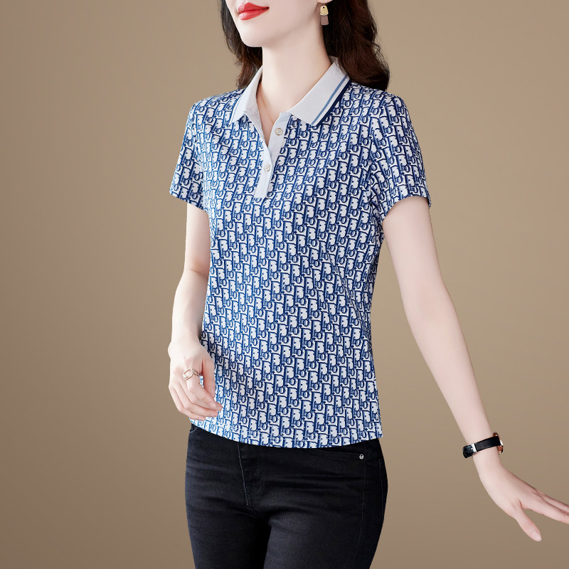 纯棉t恤女短袖2025新款宽松洋气女士翻领体恤衫妈妈印花休闲上衣